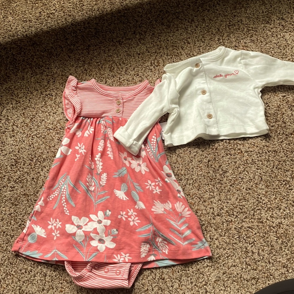 Carters pink floral romper with white cardigan